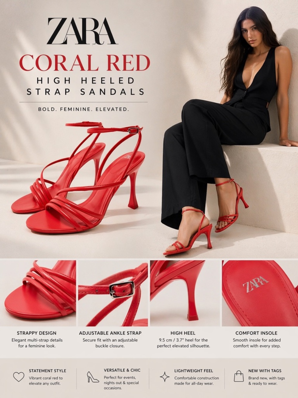Zara Coral Red High Heeled Strap Sandals
